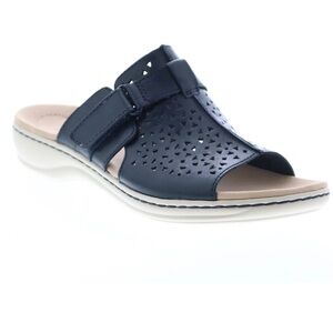 Clarks Leisa Fox Womens Navy Leather Strap Slides Sandals Shoes